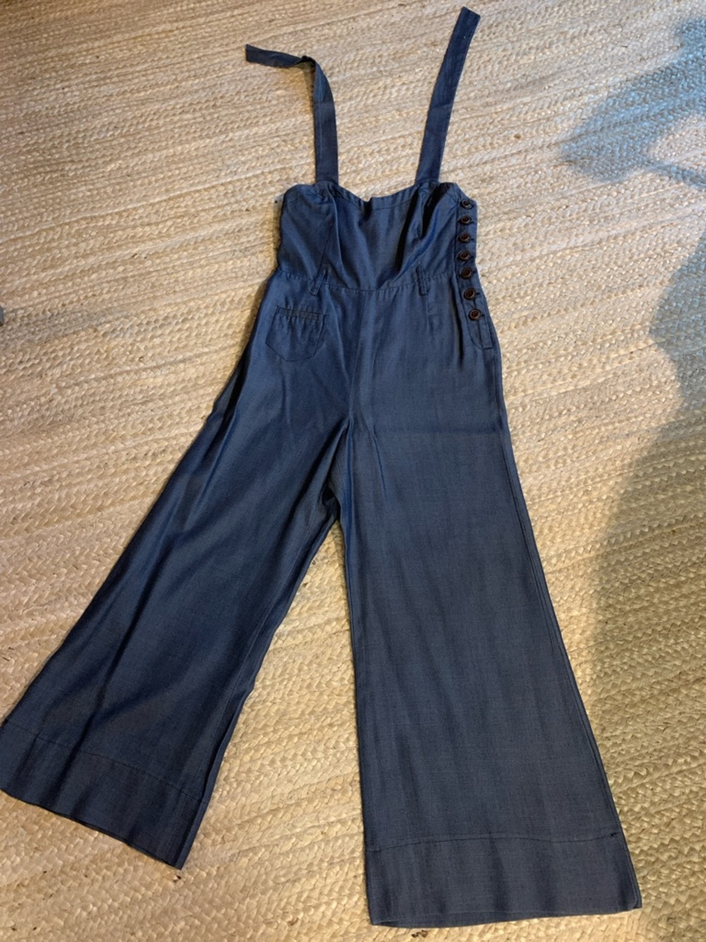 elevenses Blue Striped-Lined Chambray Overalls Jumpsuit - Like New